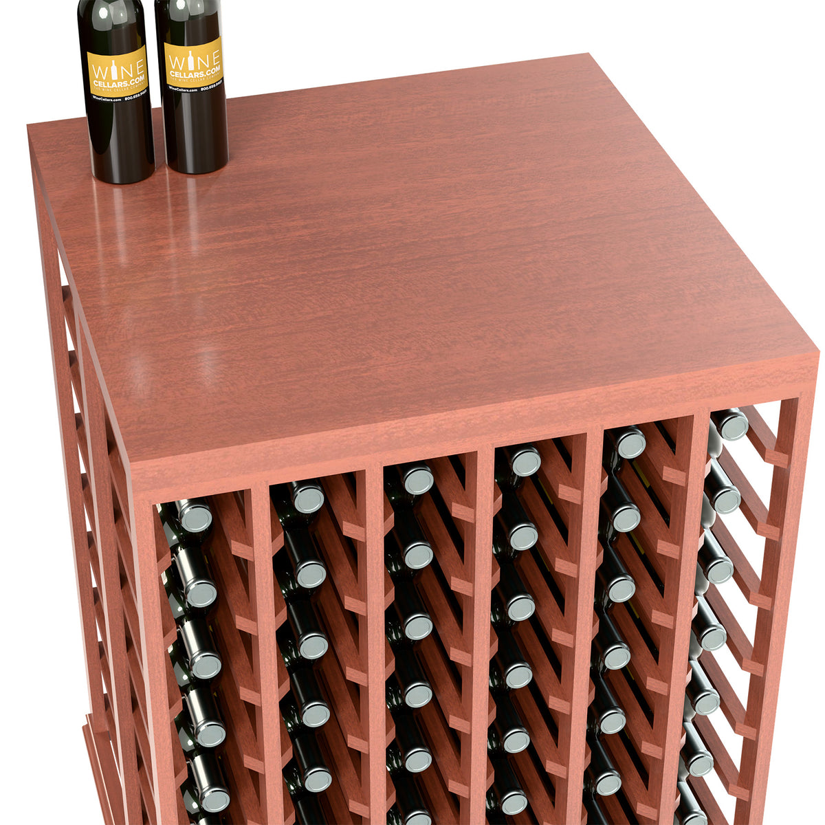 Wine tasting table with solid top and half-height wine rack, reddish-brown wood