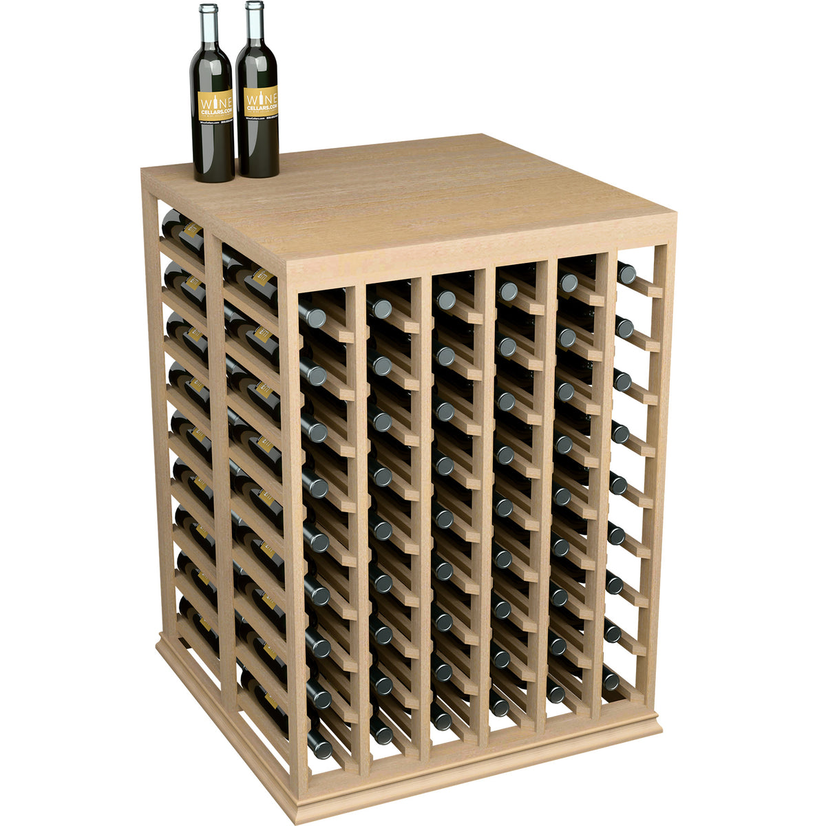 Wine tasting table with solid top and half-height wine rack, light natural wood