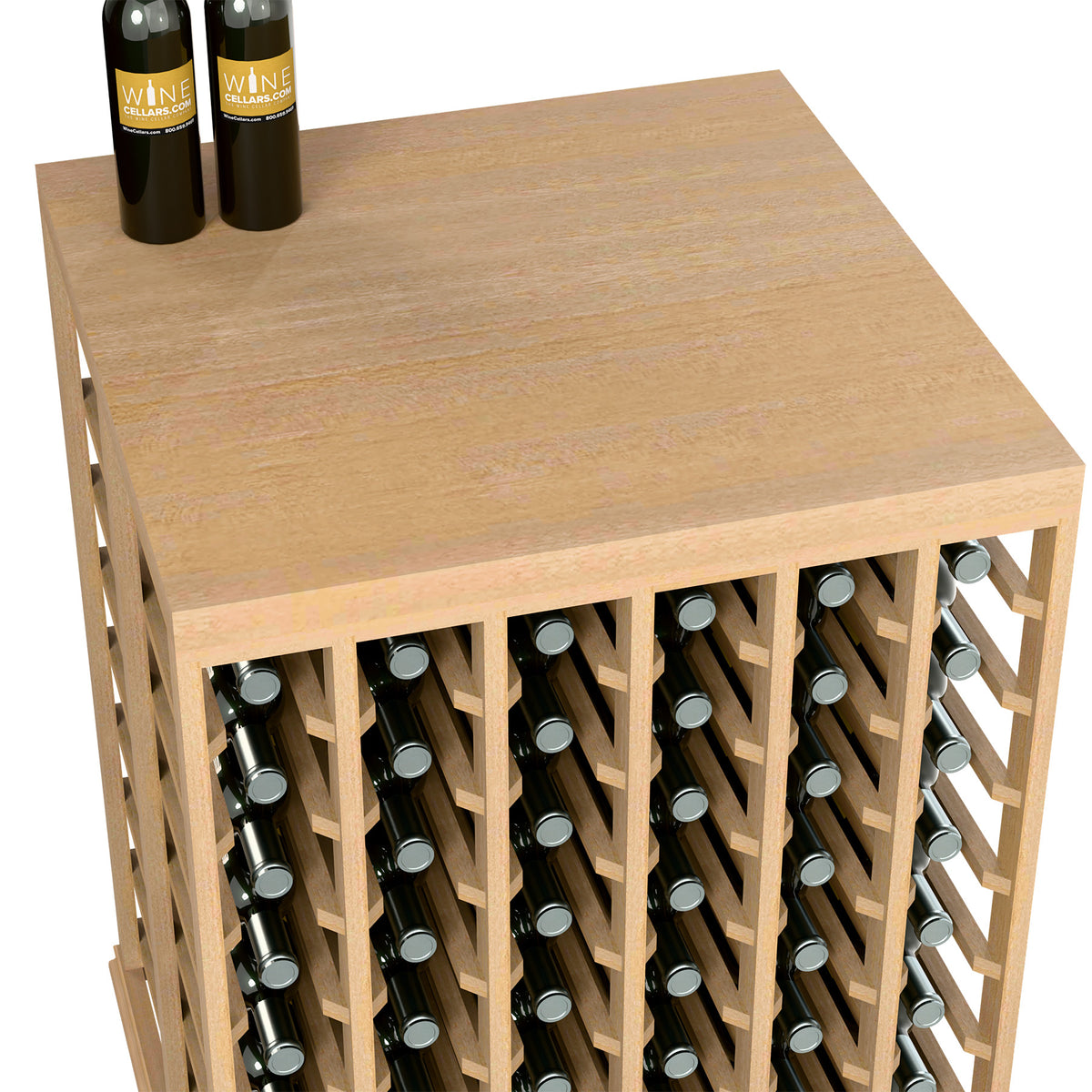 Wine tasting table with solid top and half-height wine rack, light reddish wood