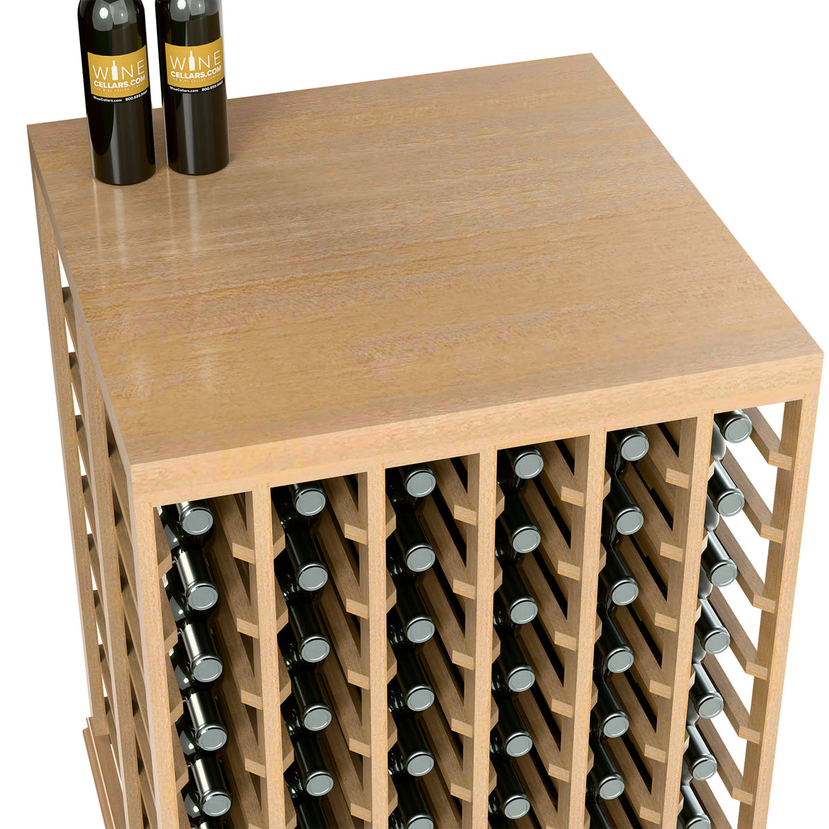 Wine tasting table with solid top and half-height wine rack, light wood finish