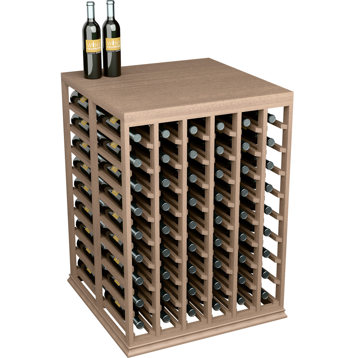 Wine tasting table with solid top and half-height wine rack, natural light wood