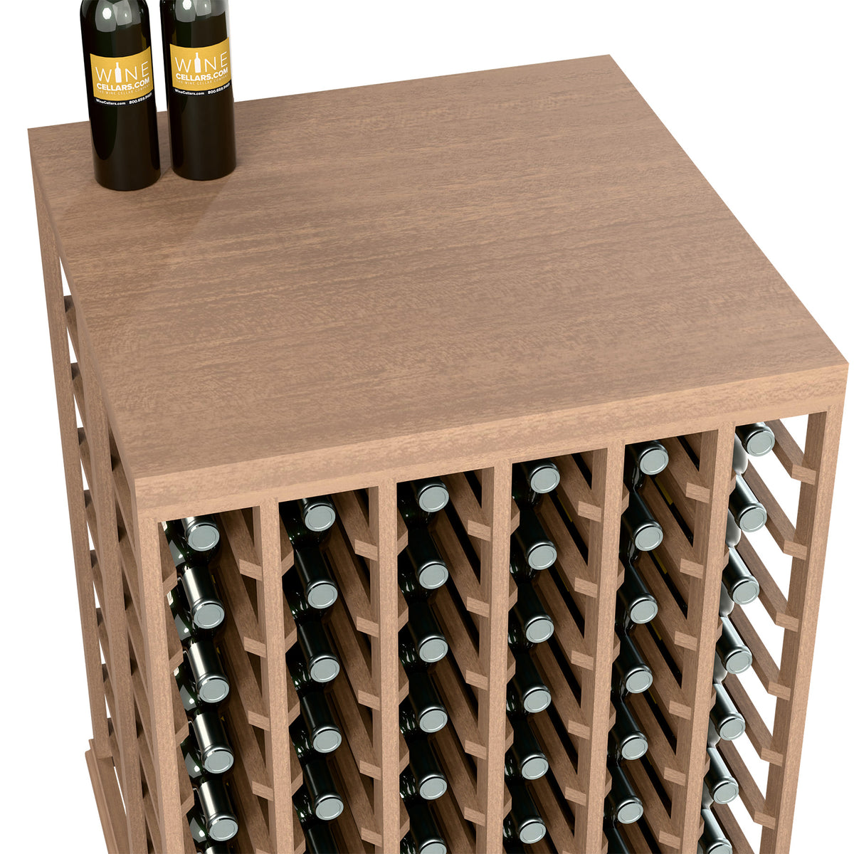 Wood wine tasting table with solid top and front bottle slots, half-height design.