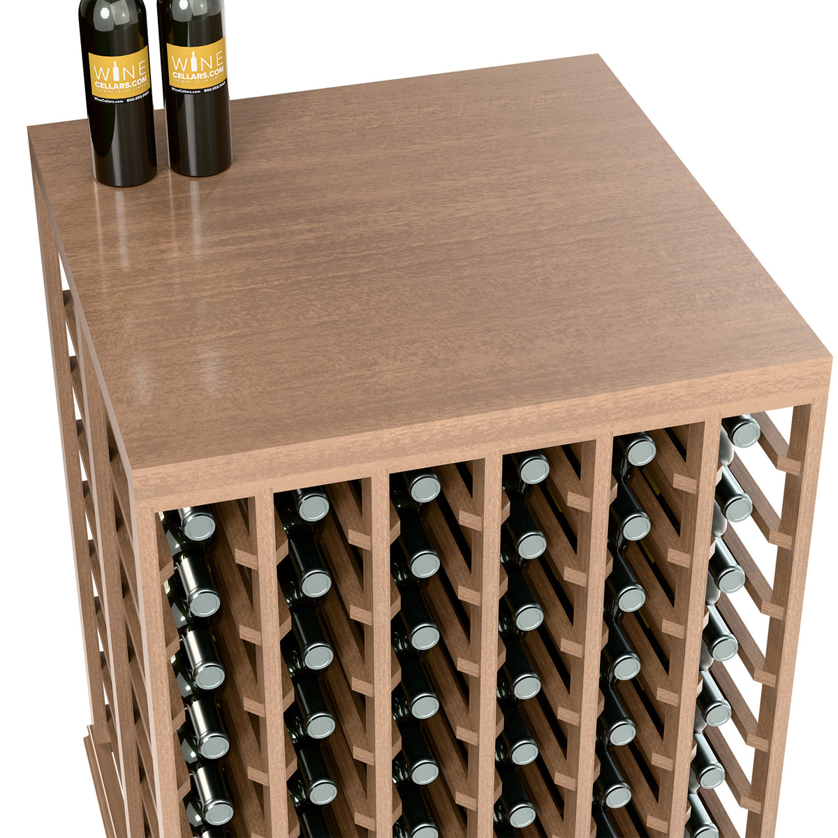 Wood wine tasting table with solid top and front wine bottle holders, angled close view.
