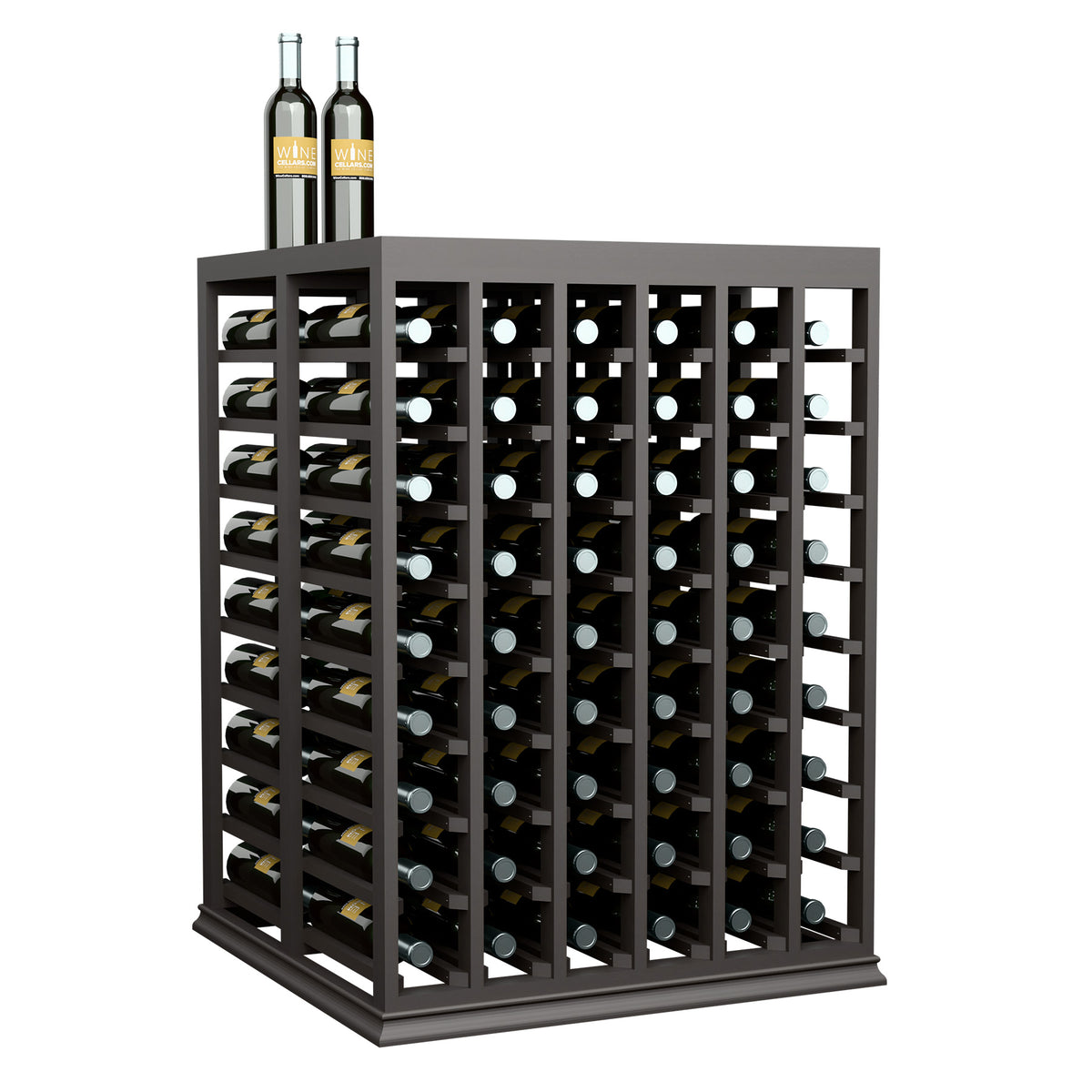 Dark half-height wine tasting table with solid top and bottle slots across multiple rows.