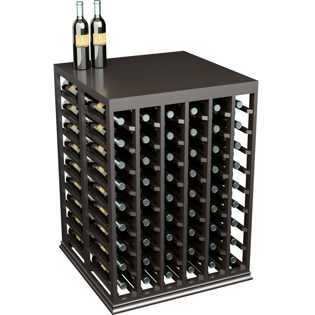 Dark wood half-height wine tasting table with solid top and side bottle rack compartments.