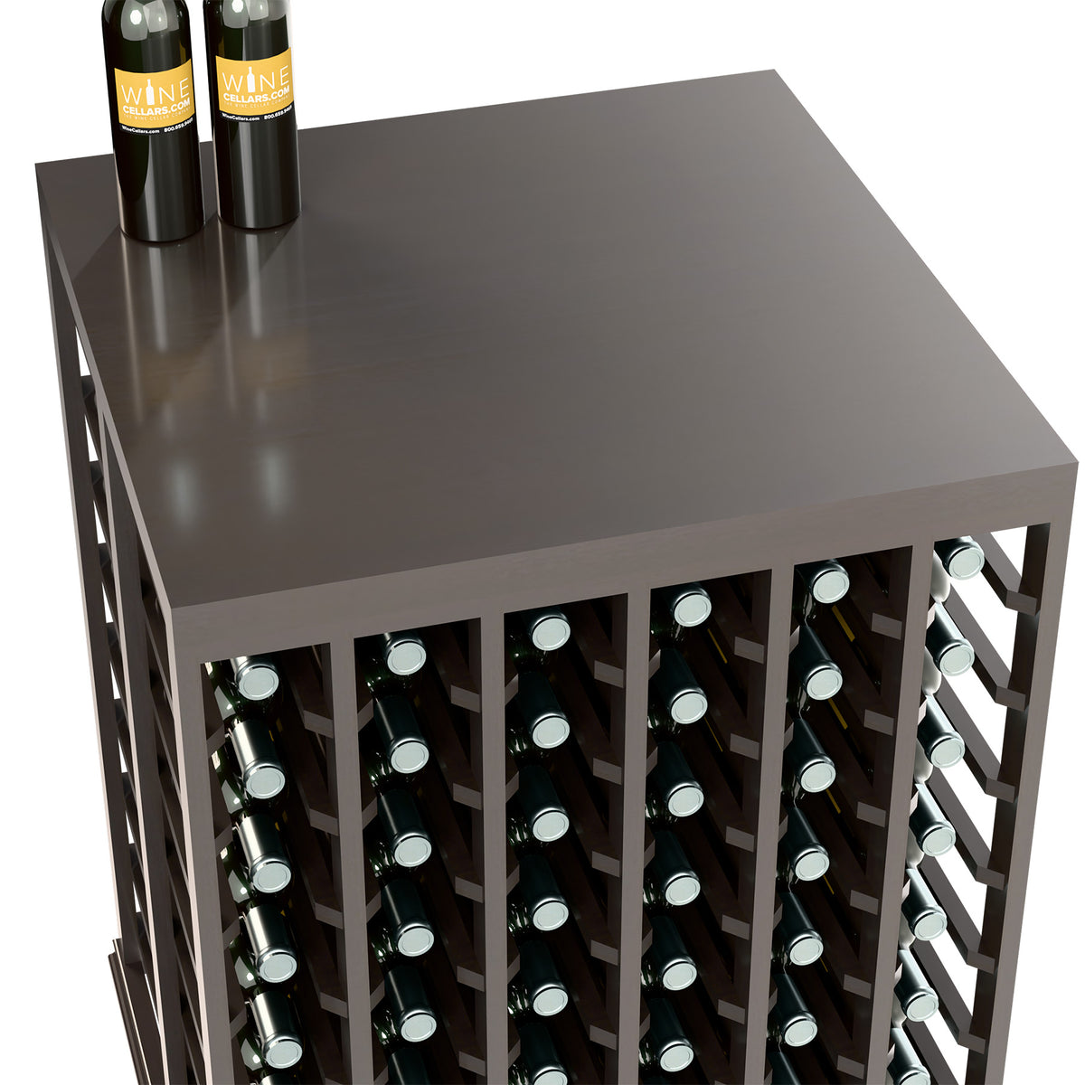 Dark wine tasting table with solid top and front bottle slots, half-height angled view.