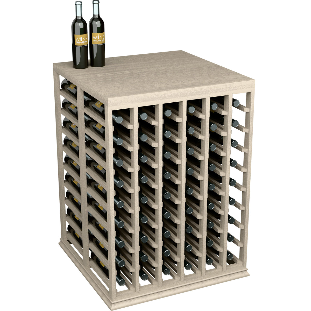 Half-height wine tasting table with solid top and bottle rack, light gray wood finish