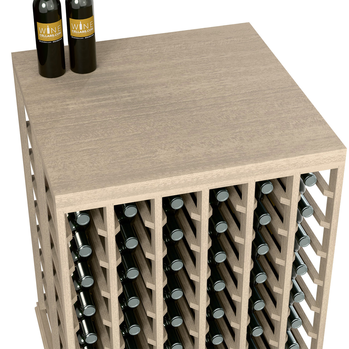 Half-height wine tasting table, close-up of solid top and front bottle holders