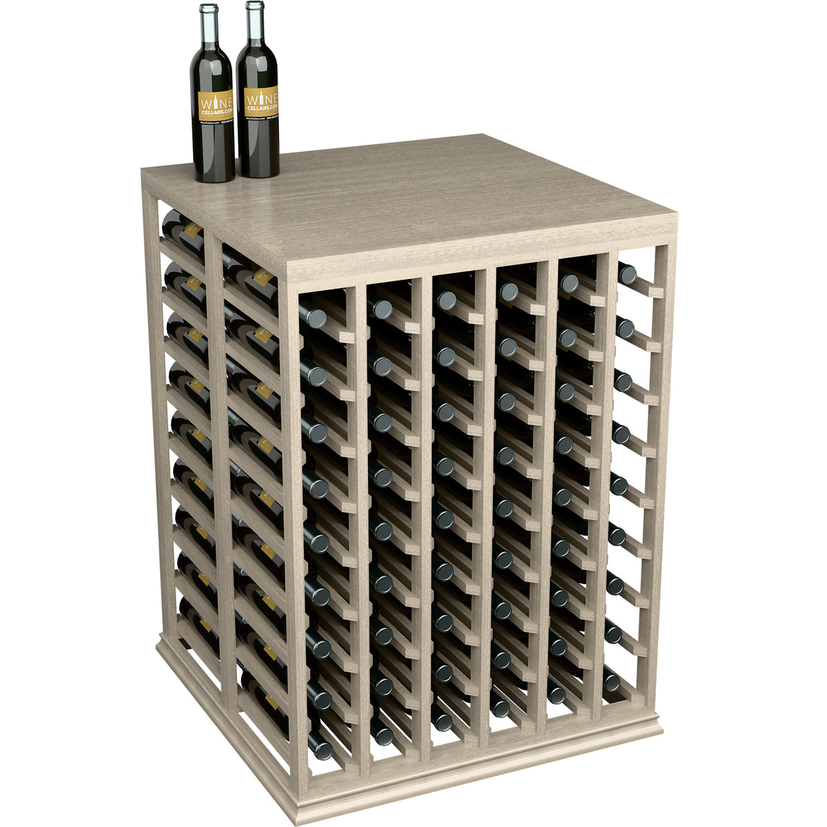 Half-height wine tasting table with solid top and front bottle rack, light gray wood
