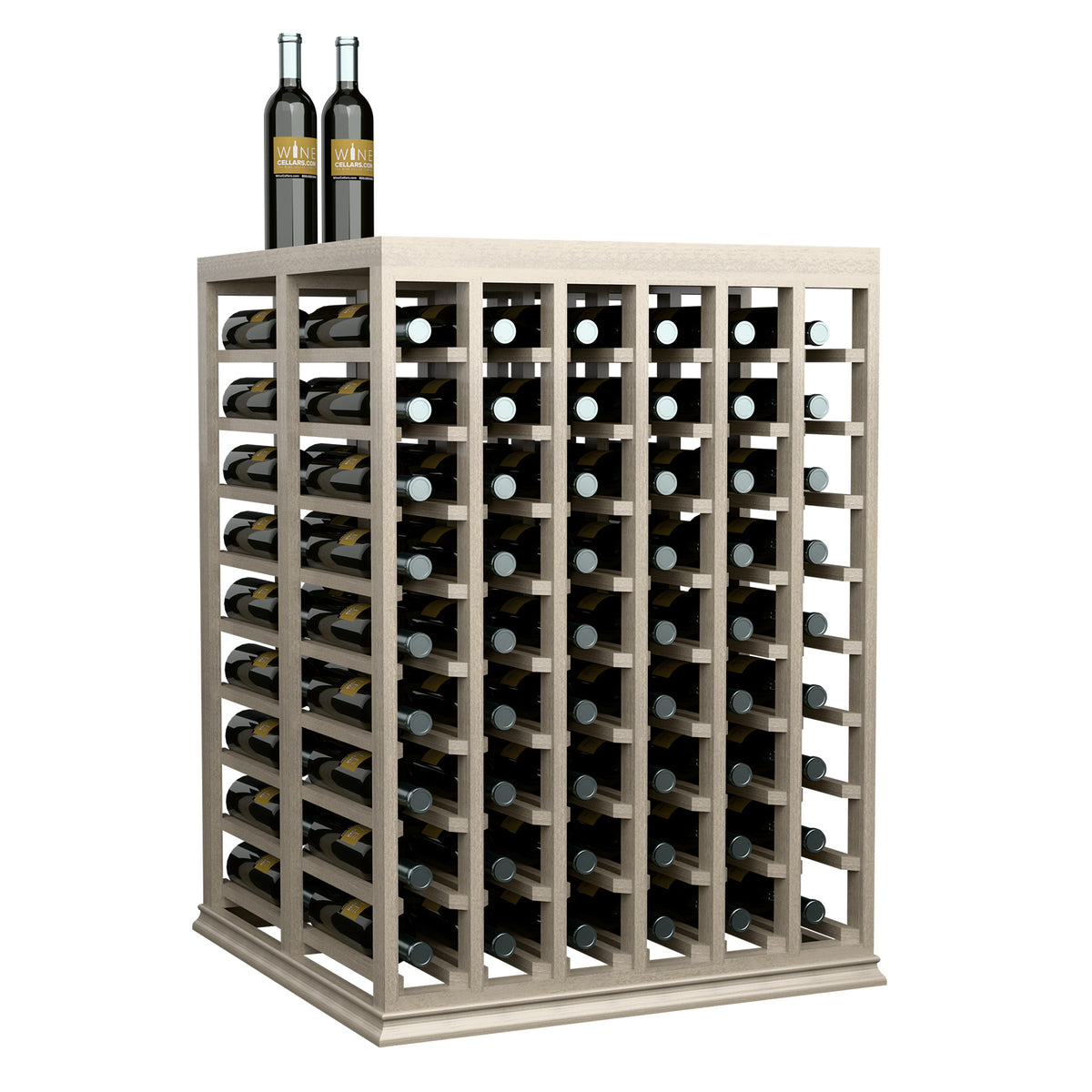 Half-height wine tasting table with solid top and bottle rack, light wood finish