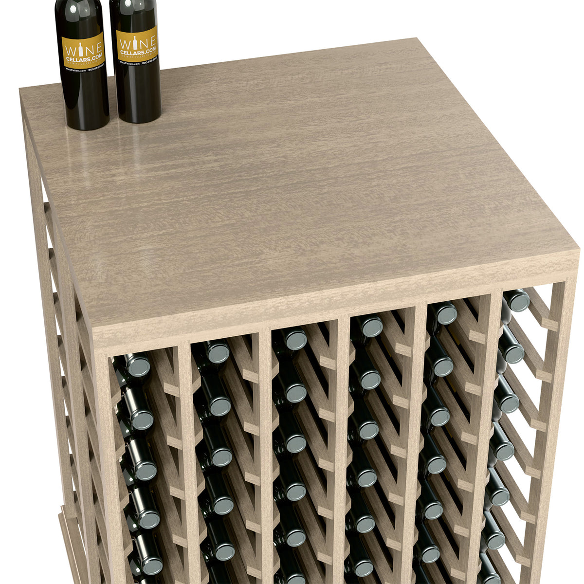 Half-height wine tasting table close-up of solid top and bottle holder slots