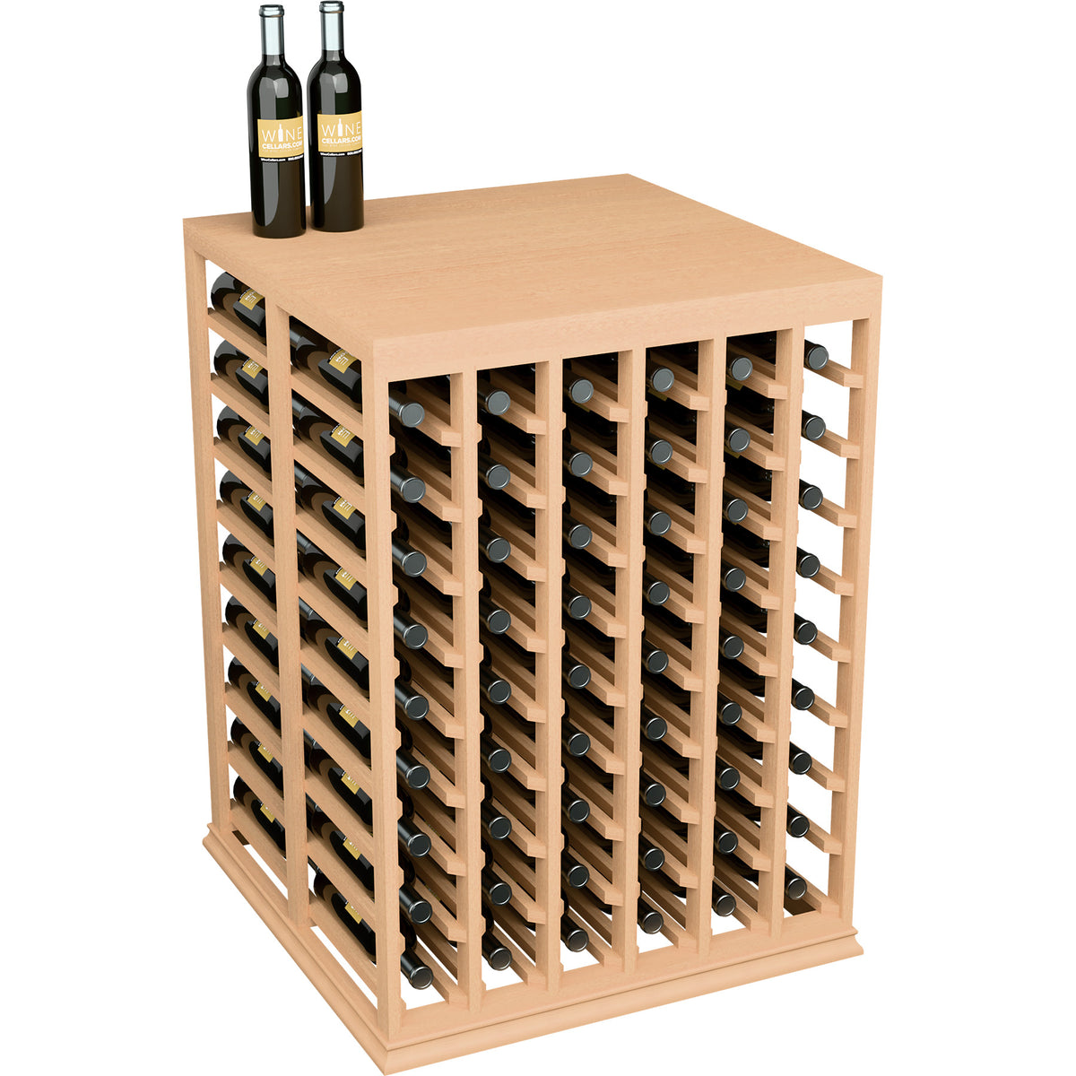 Half-height wine tasting table with solid top and bottle rack, natural light wood finish