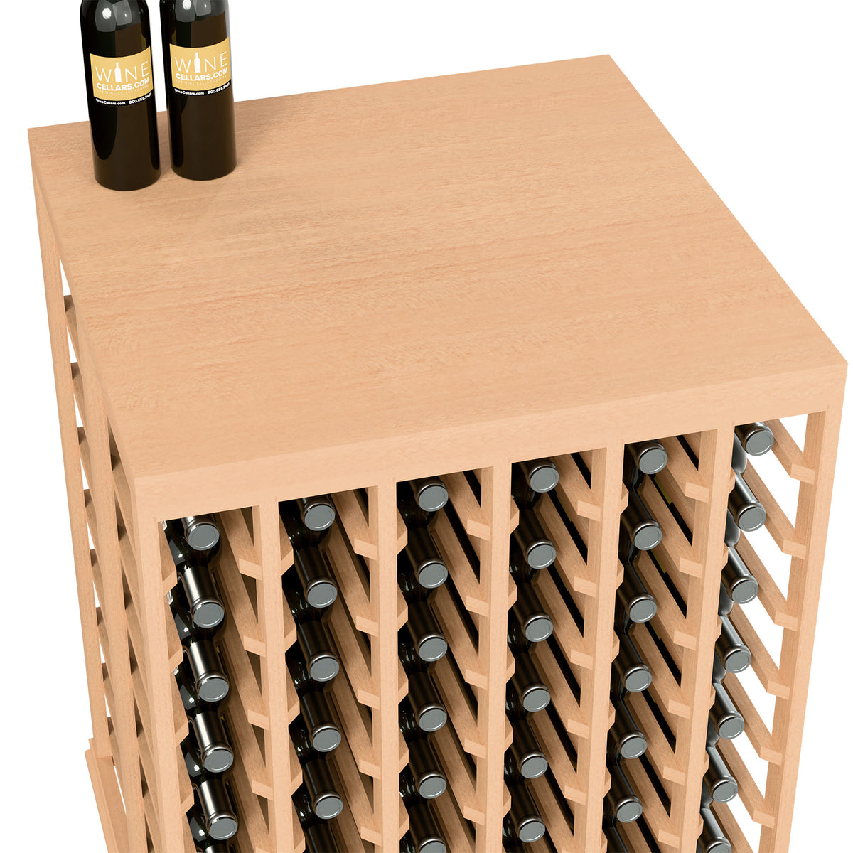 Half-height wine tasting table close-up of solid top and bottle holder openings