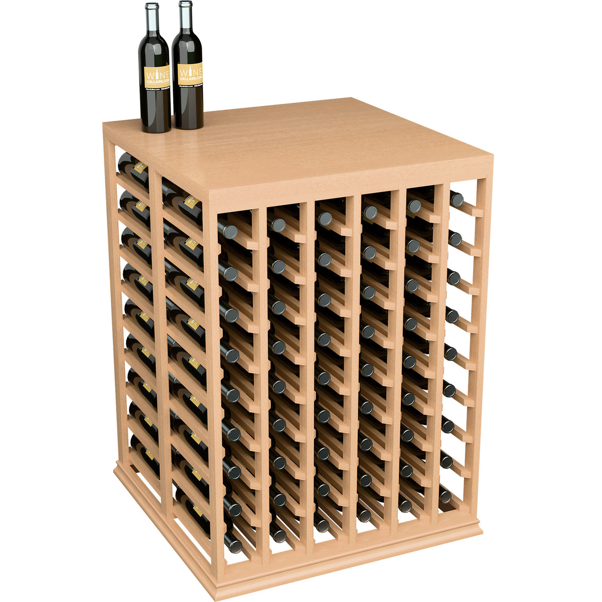 Half-height wine tasting table with solid top and bottle rack, natural light wood finish