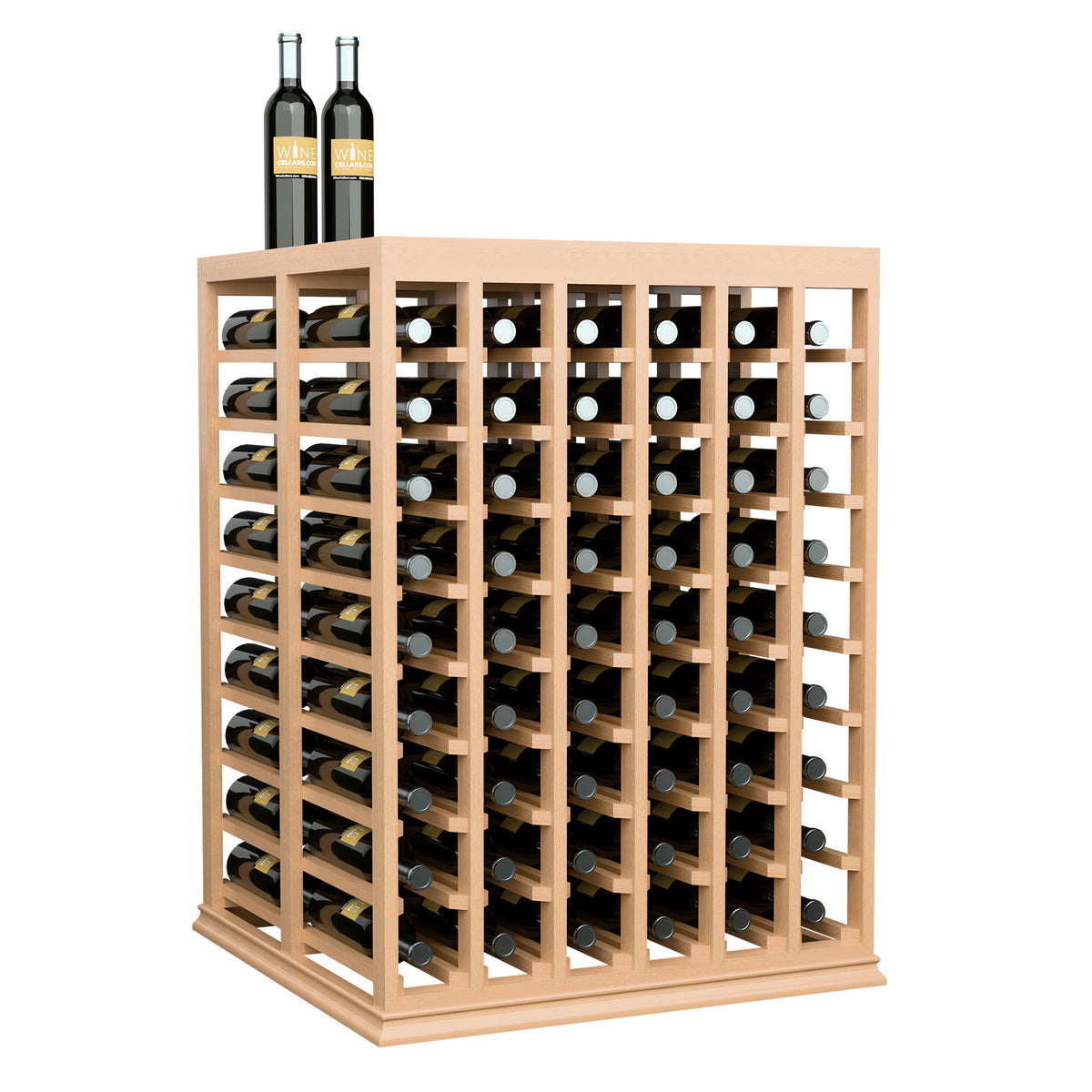 Light wood double wine tasting table with solid top, bottle slots, and two bottles