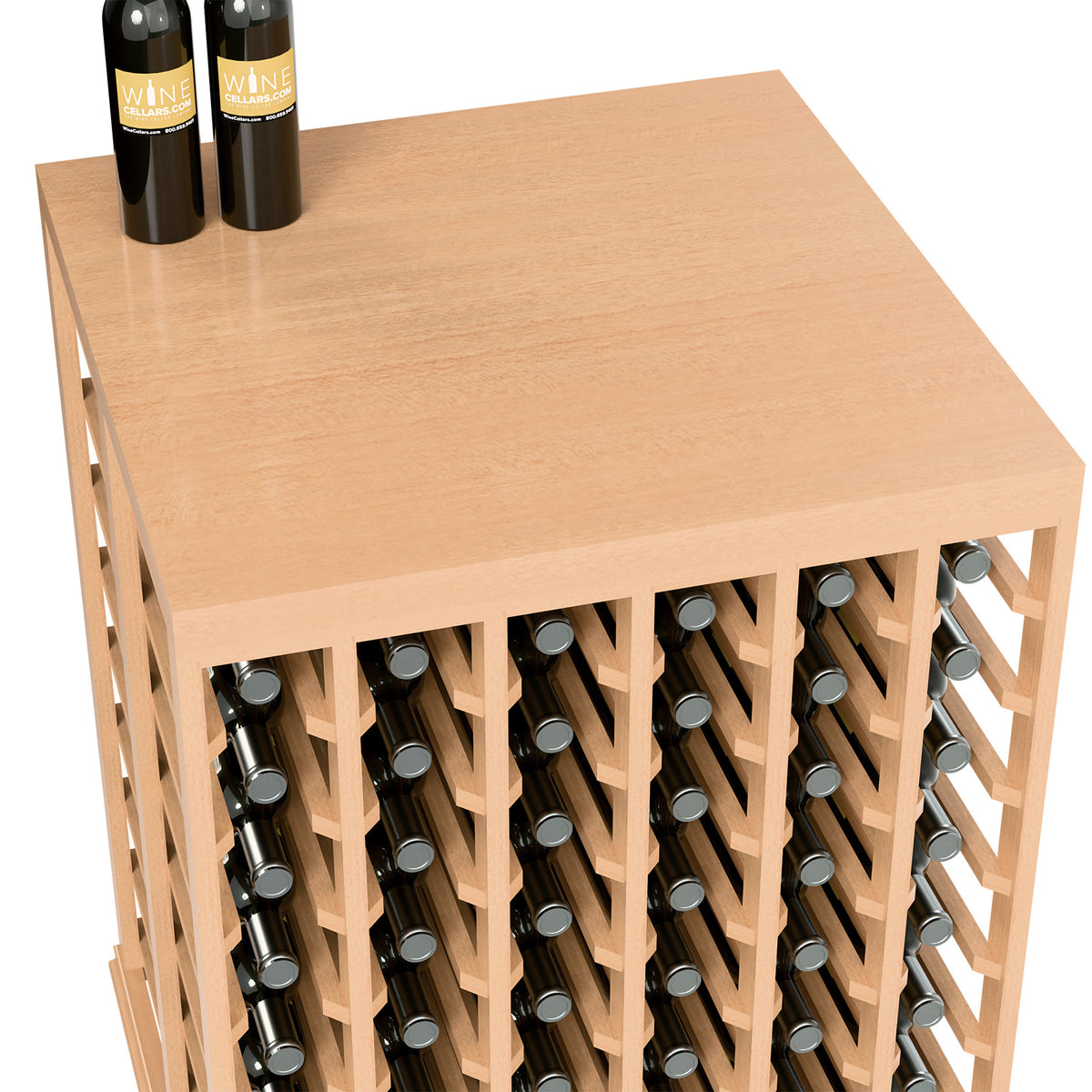 Light wood tasting table top with open side showing two rows of wine bottle holes