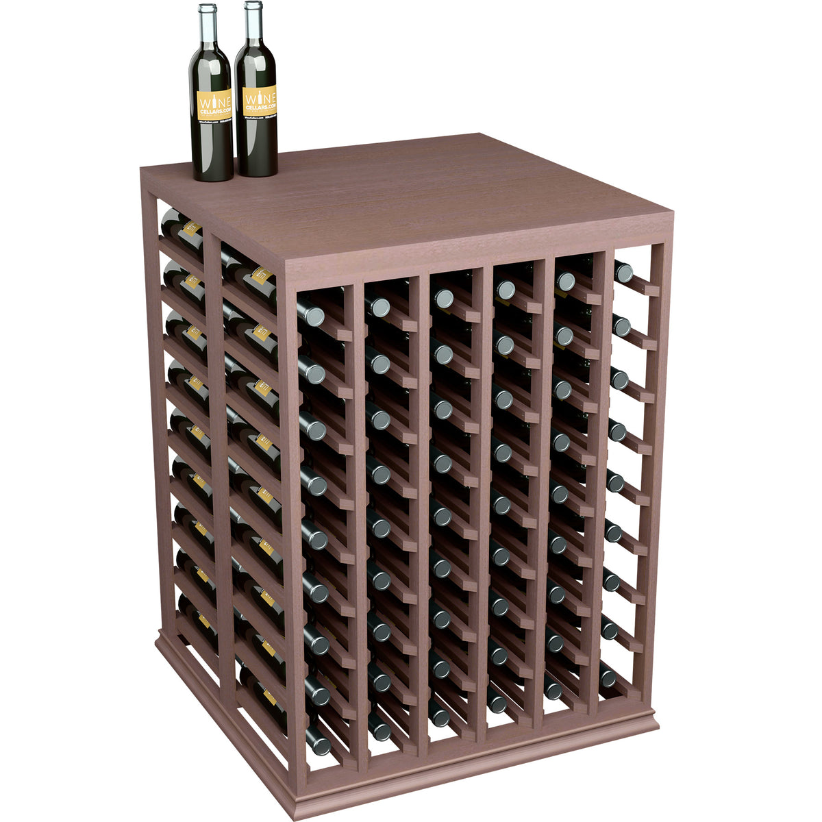 Dark wood double wine tasting table with solid top, bottle slots, and two wine bottles