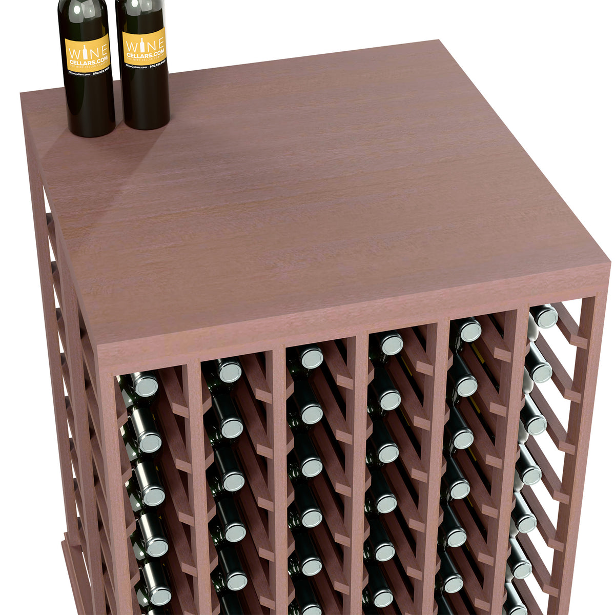 Dark wood tasting table top over open bottle slots with visible rows of bottle openings