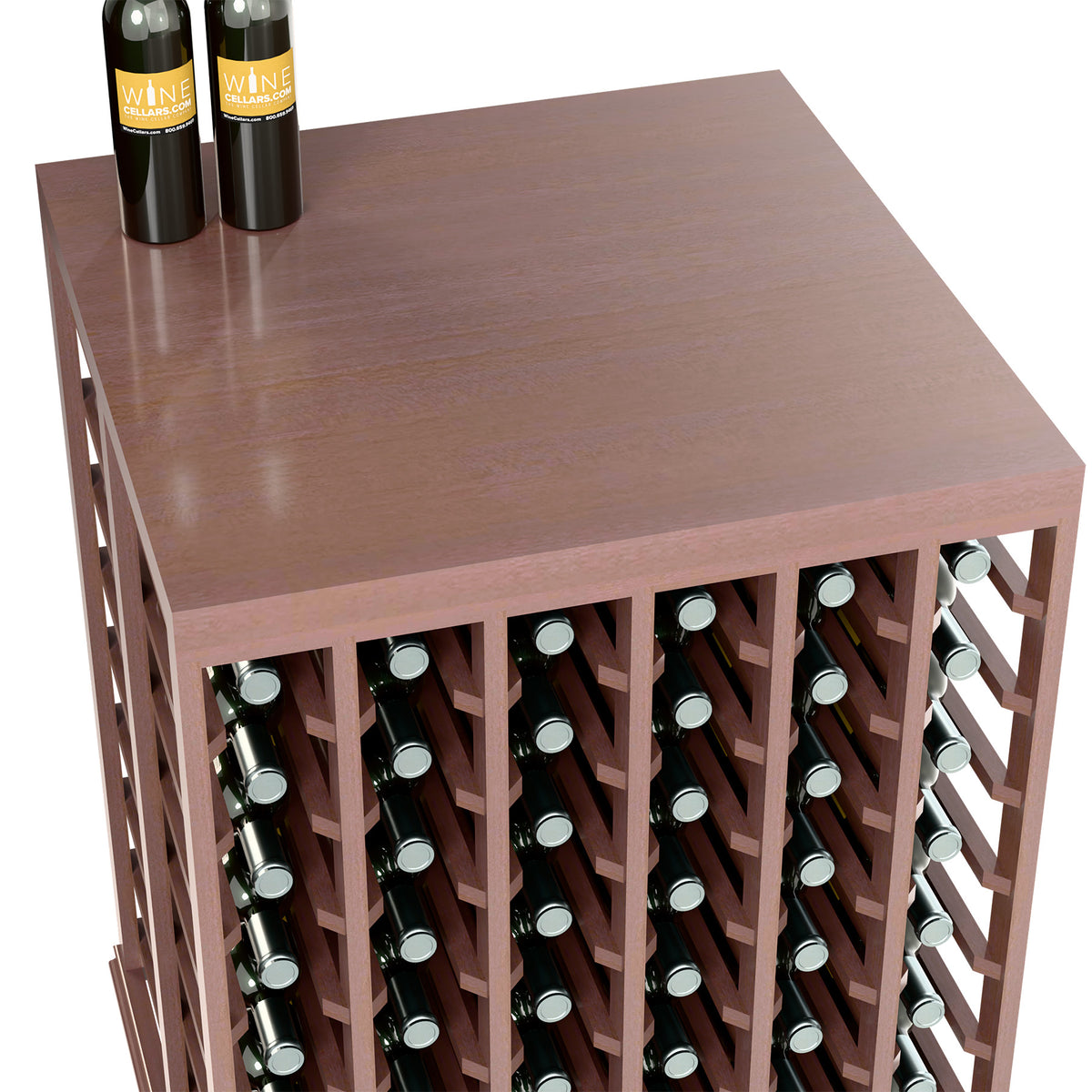 Dark wood tasting table side view with bottle slots and two bottle openings rows