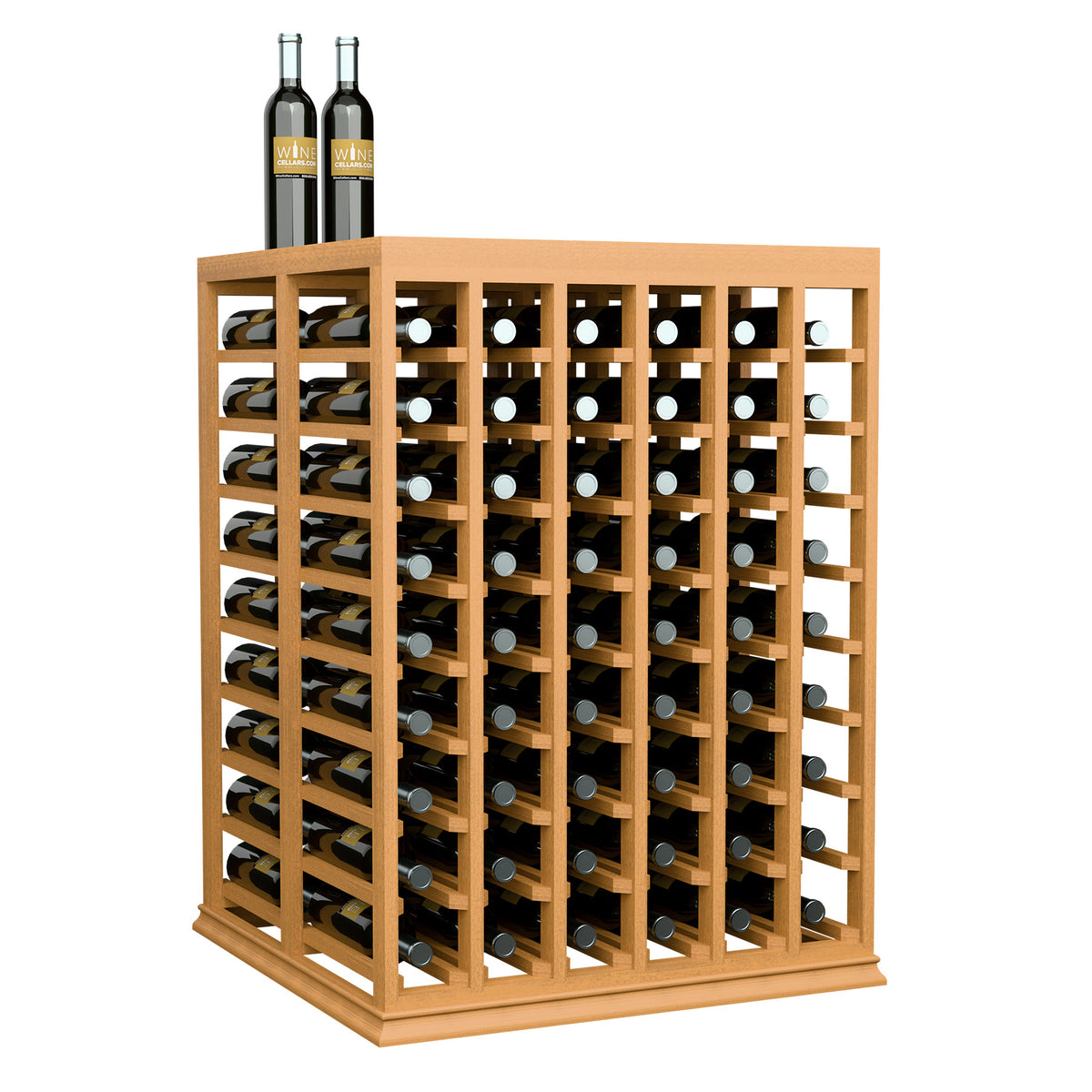 Natural wood double wine tasting table with solid top and wine bottle storage grid