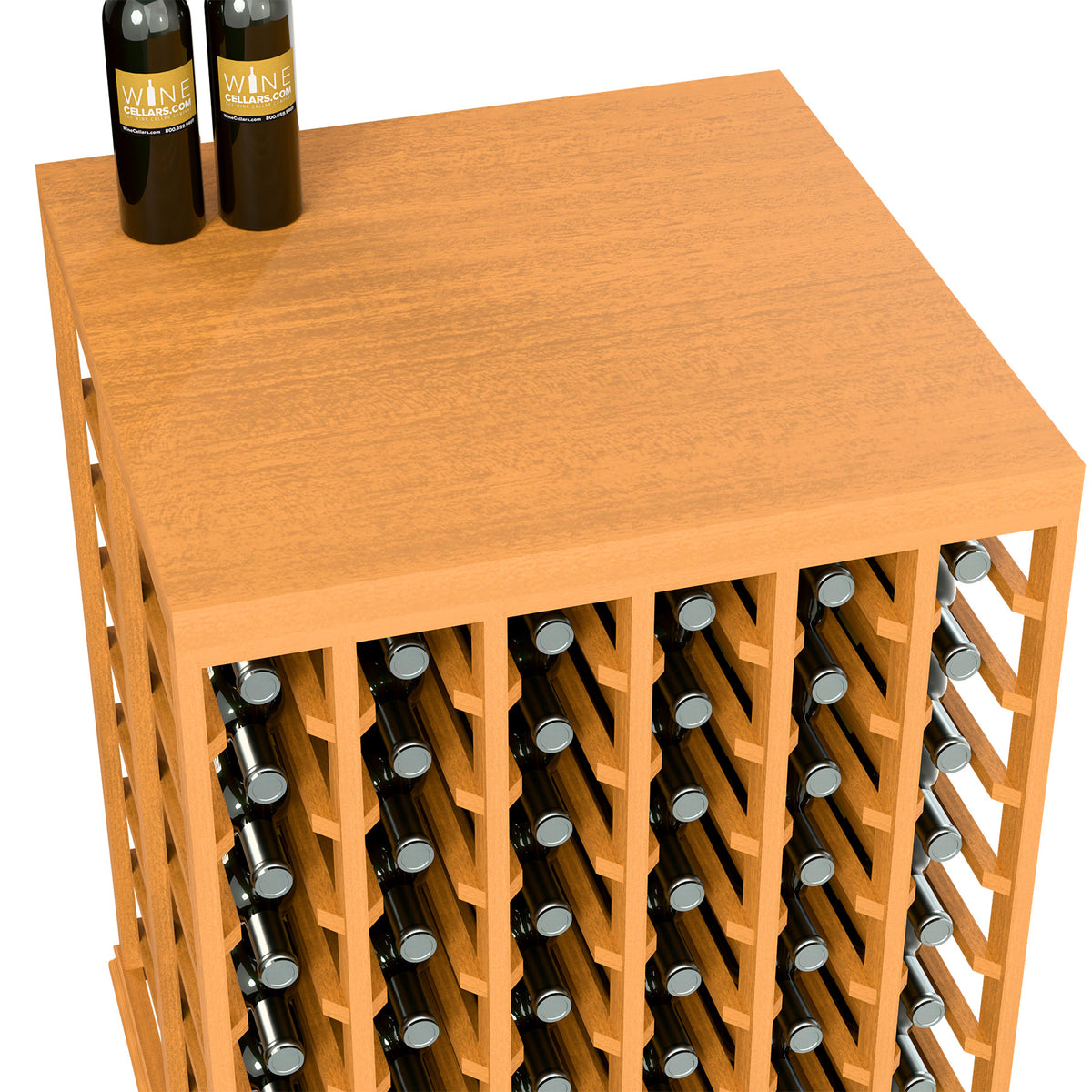 Wine tasting table with solid wood top and bottle rack, warm natural finish, side view