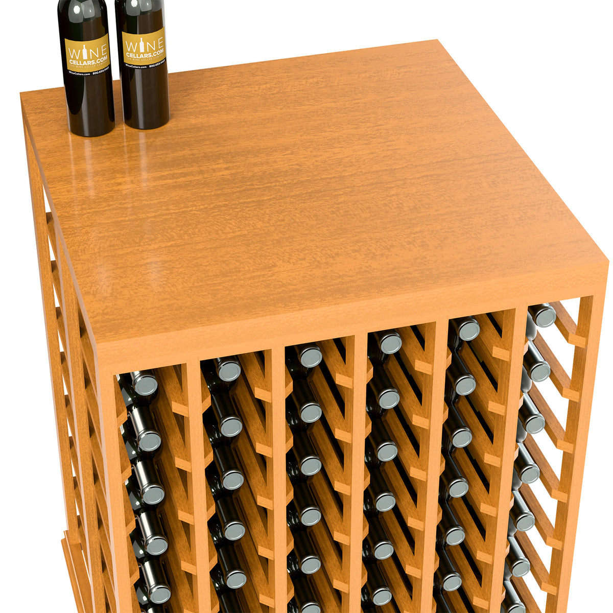 Wine tasting table with solid wood top and bottle rack, warm natural finish, angled close-up