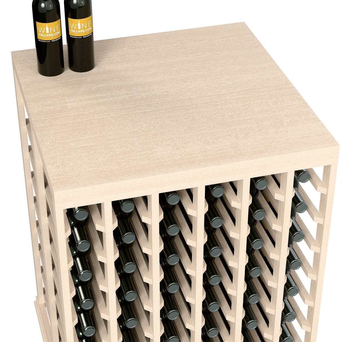Wine tasting table with solid wood top and bottle rack, whitewashed wood, side view