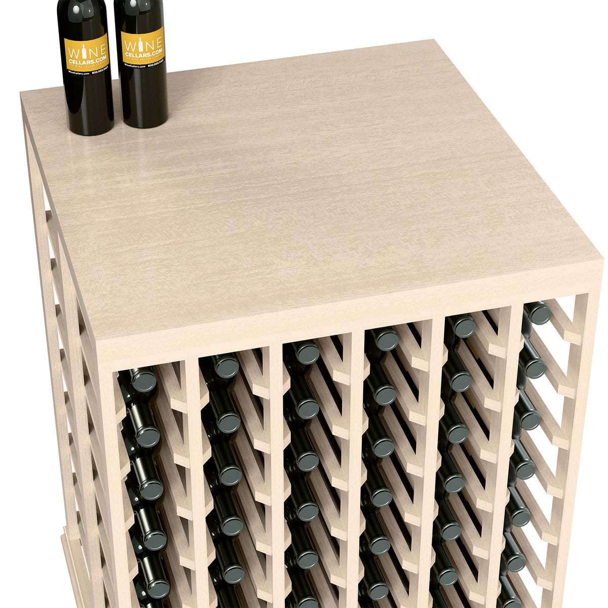 Wine tasting table with solid wood top and bottle rack, whitewashed wood, angled close-up