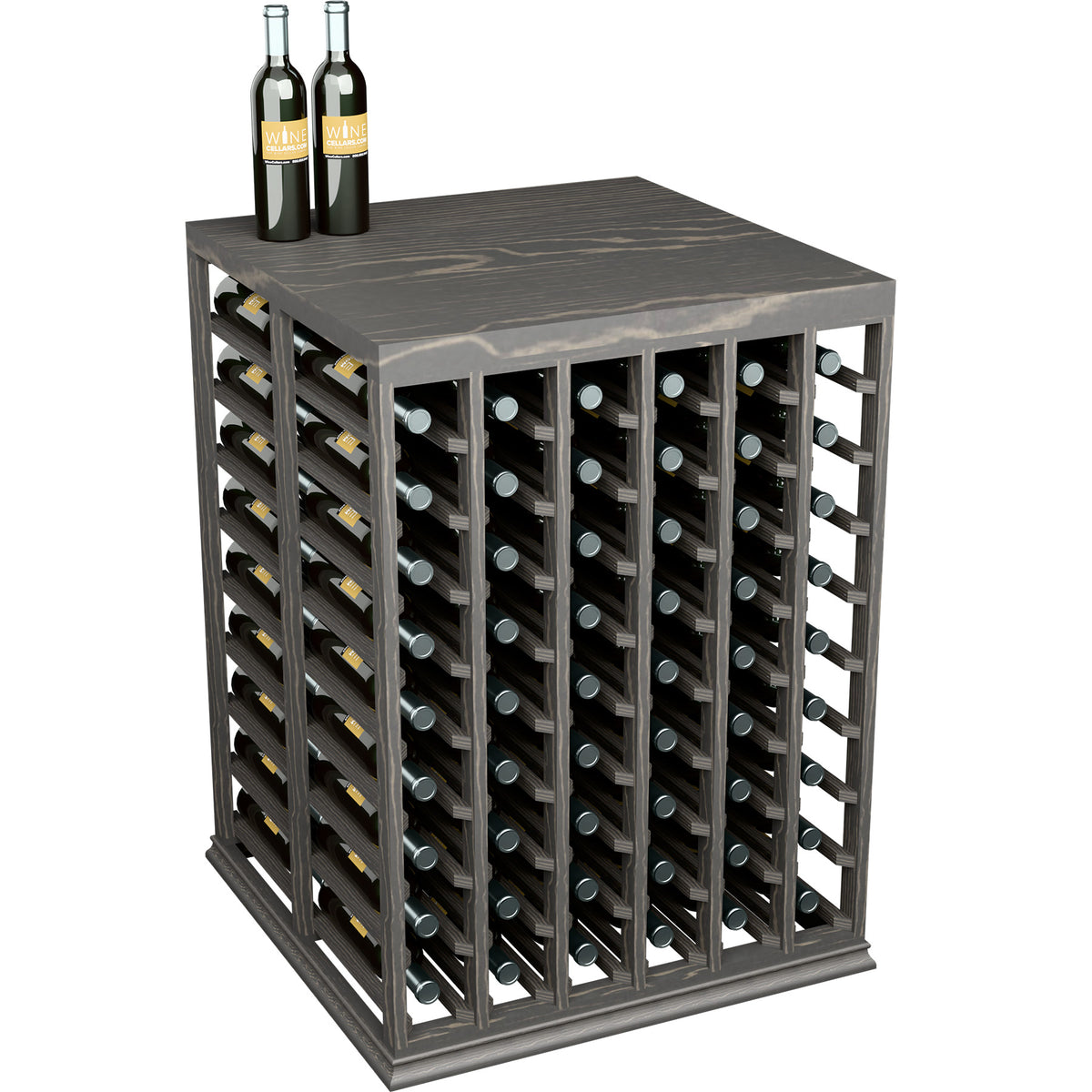 Half-height wine tasting table with solid top, dark finish, front bottle slots