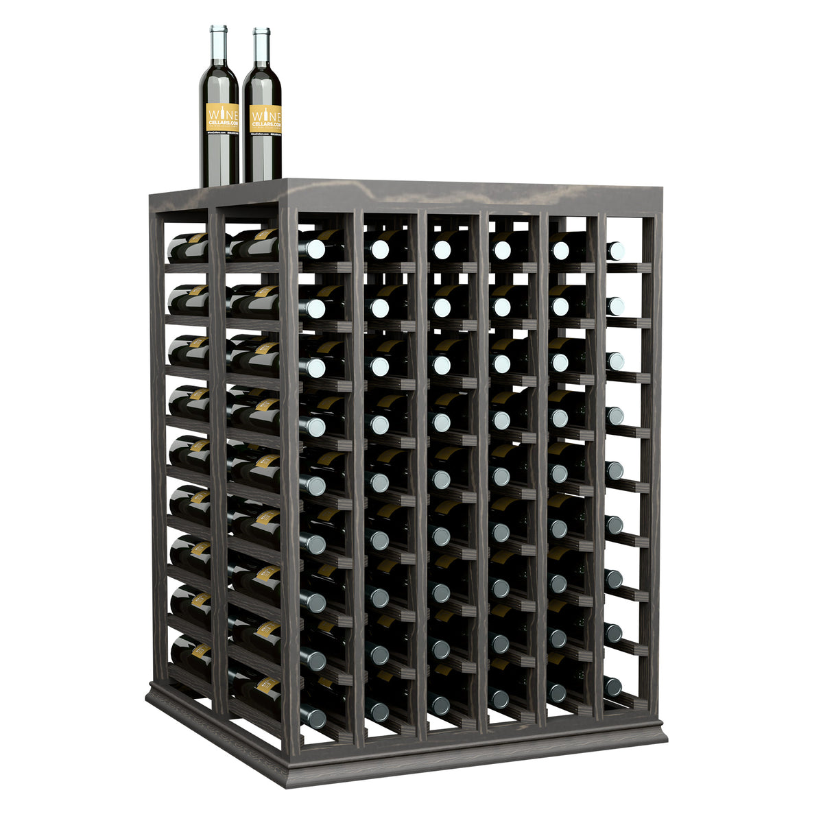 Half-height wine tasting table with solid top, dark and light wood frame, bottle slots