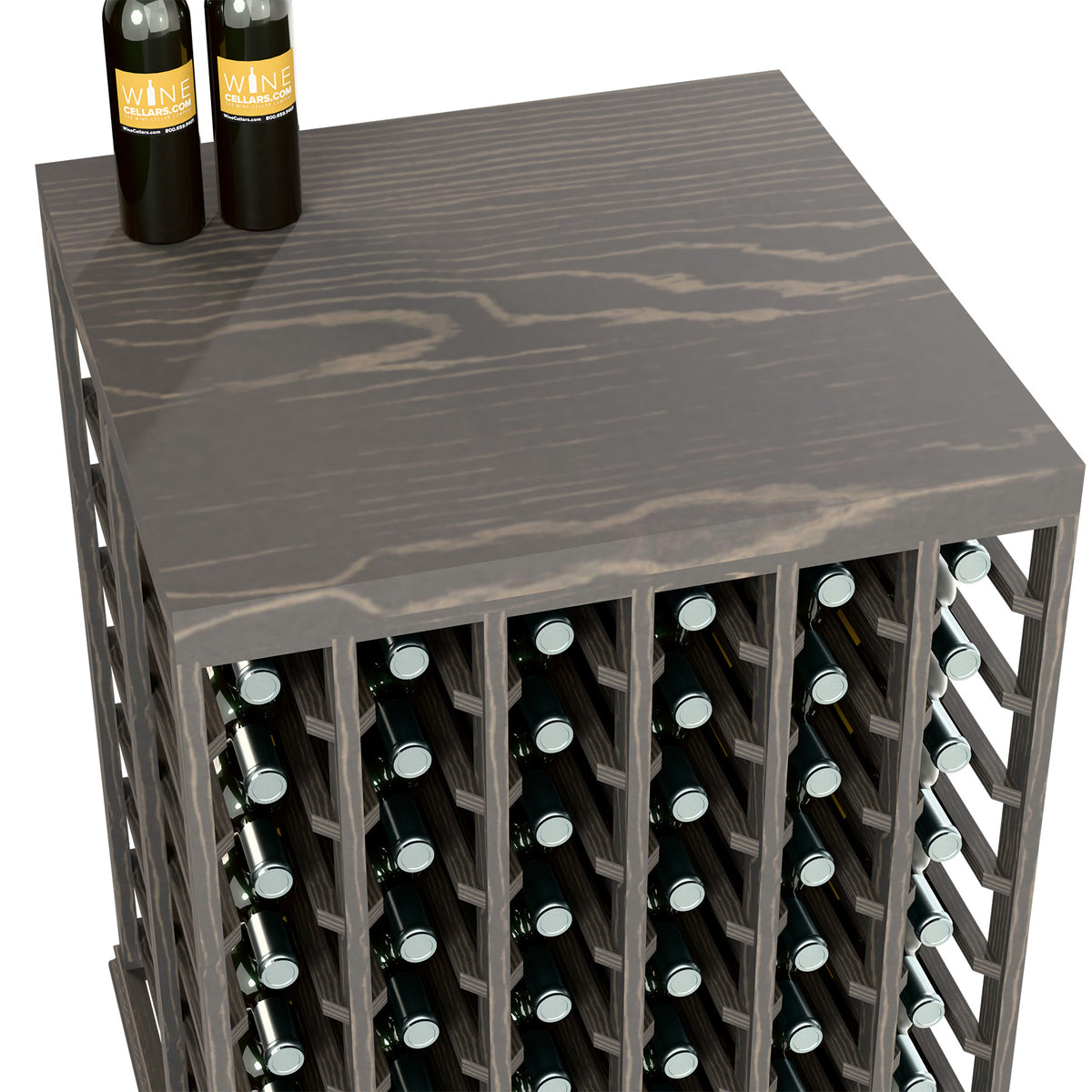 Half-height wine tasting table with solid top, dark finish, bottle holes along front edge