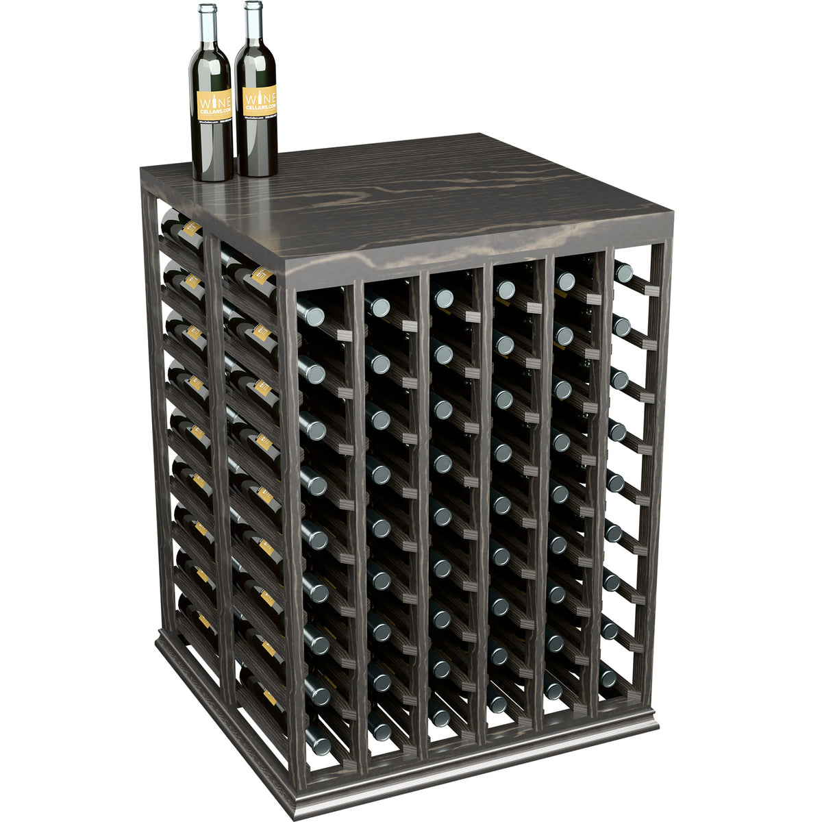 Half-height wine tasting table with solid top, dark finish, corner view of bottle slots