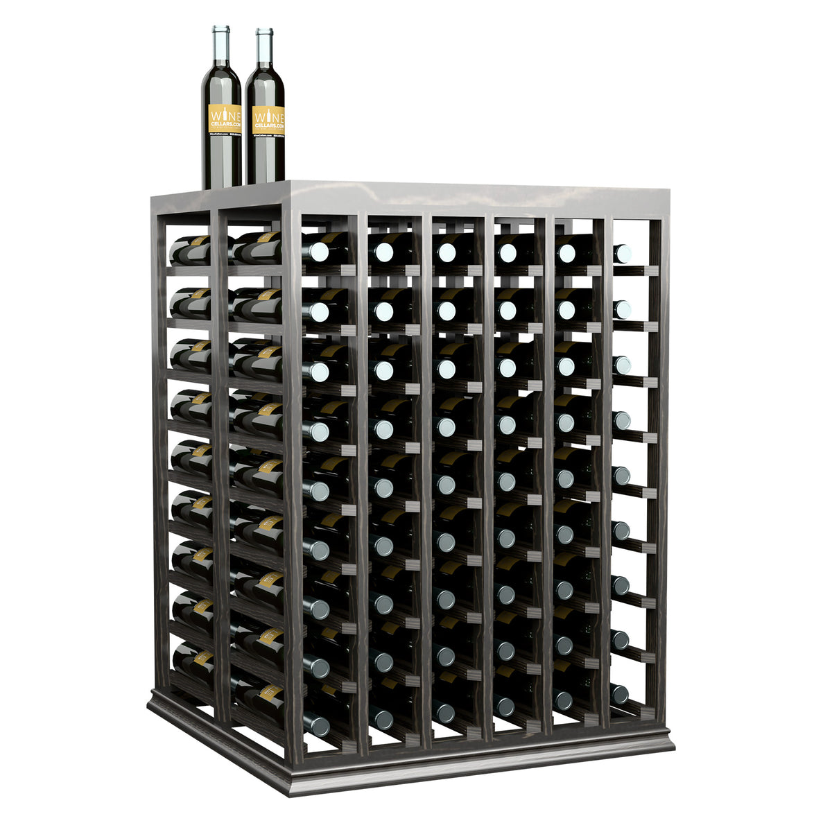 Half-height wine tasting table with solid top, dark wood with light accents, bottle racks
