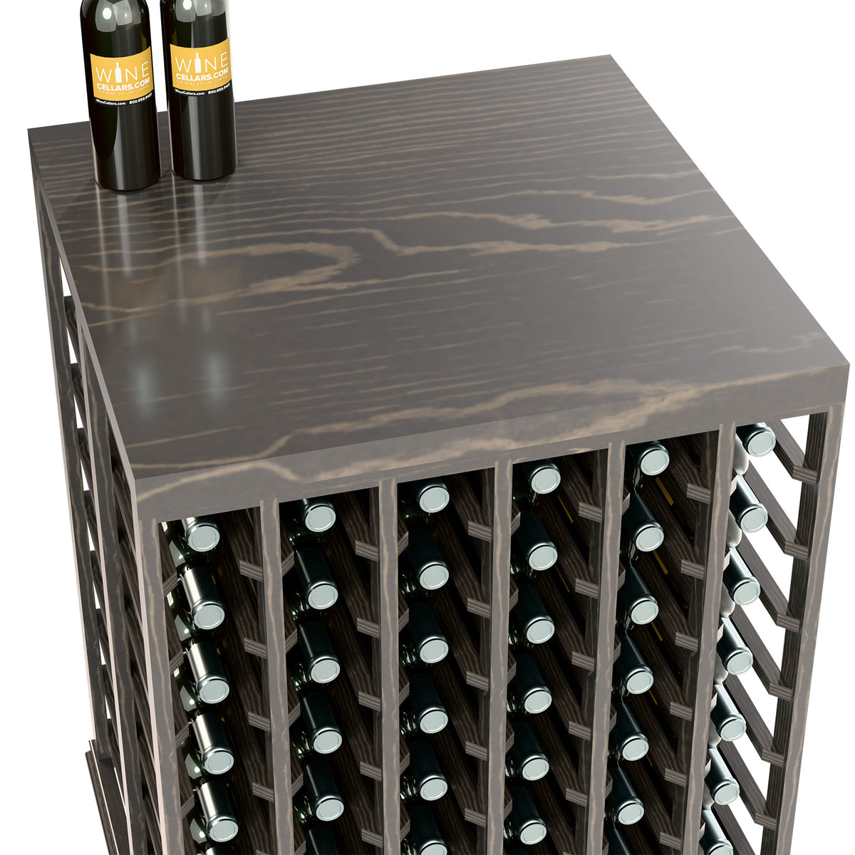 Half-height wine tasting table with solid top, light grey wood, front bottle openings