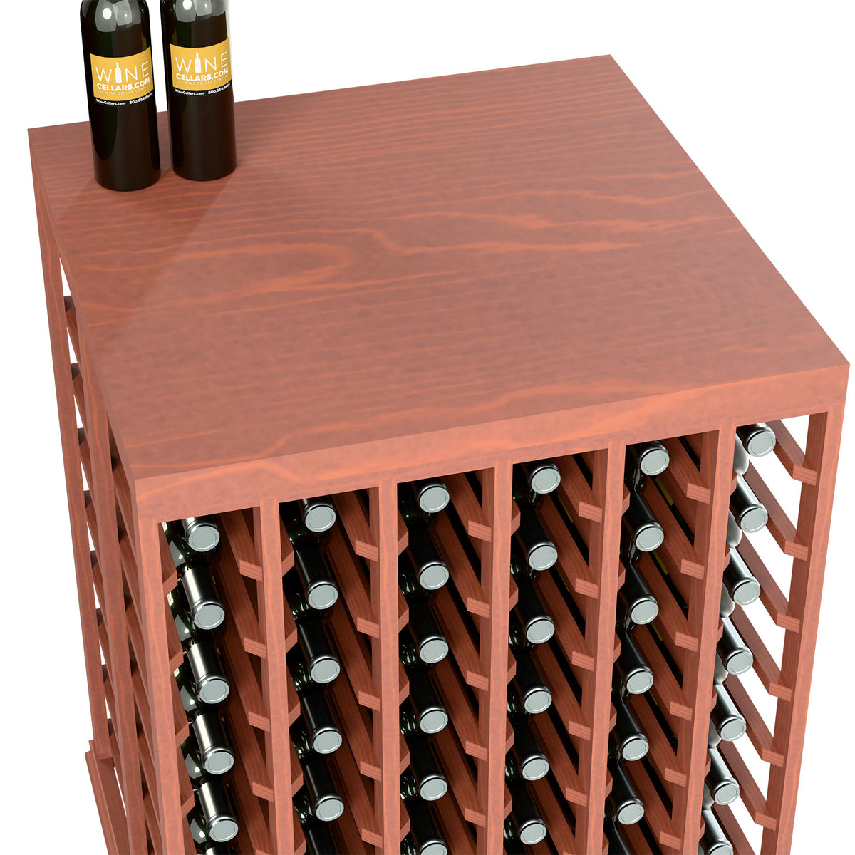 Half-height wine tasting table with solid top, reddish finish, bottle openings along front