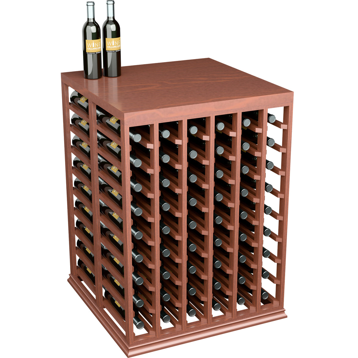 Half-height wine tasting table with solid top, medium wood tone, front and side bottle racks