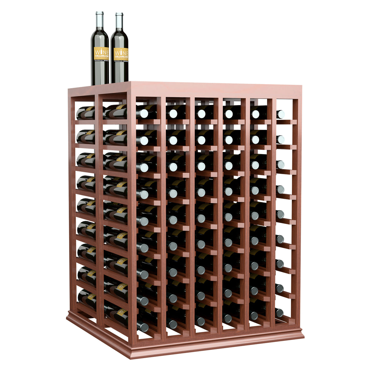 Wine tasting table with solid top, half-height, dark wood with bottle storage slots