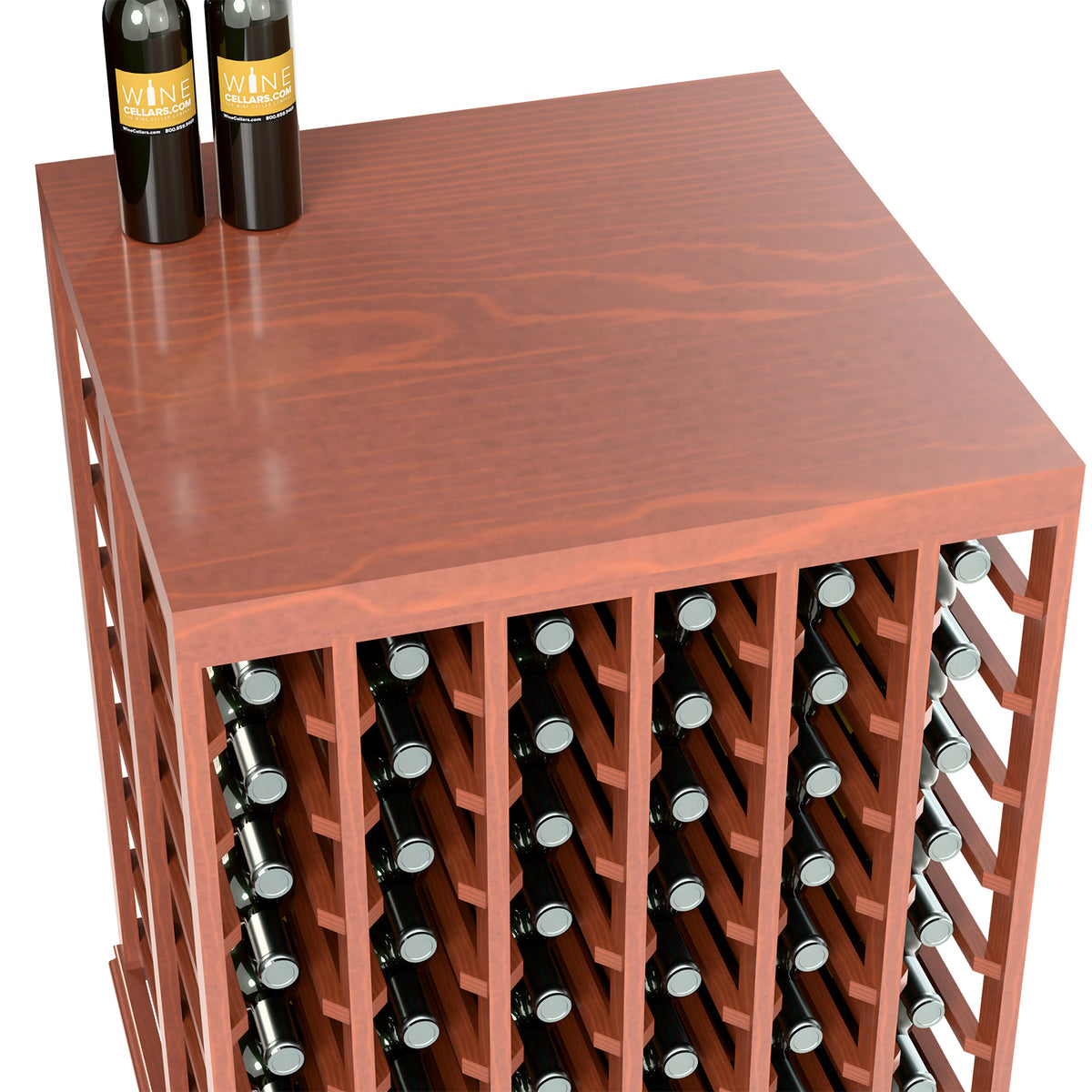 Wine tasting table with solid top, half-height, reddish wood with bottle storage slots