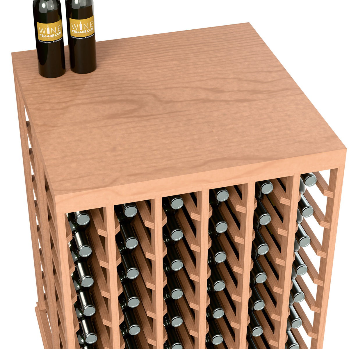 Wine tasting table with solid top, half-height, light reddish wood with bottle storage