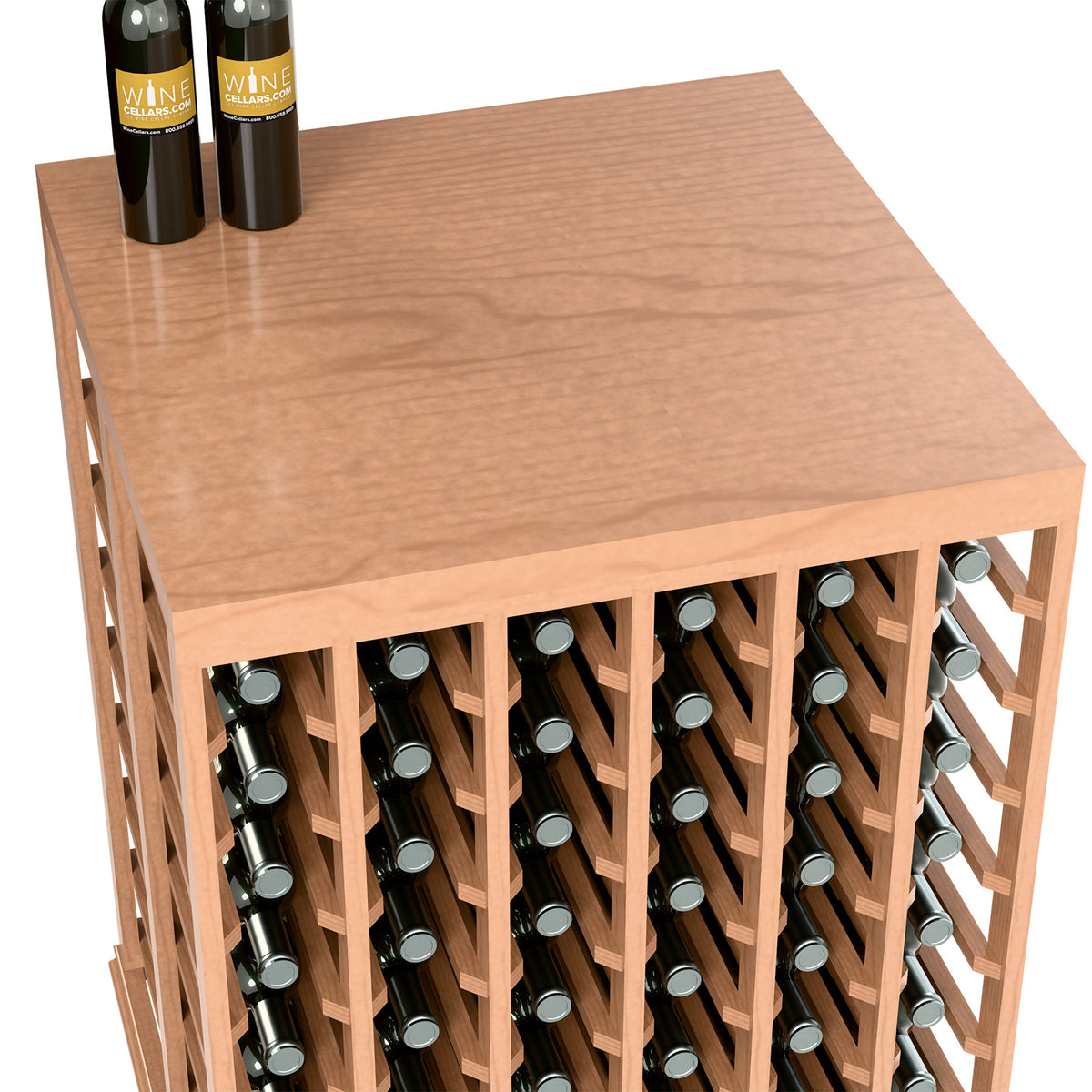 Wine tasting table with solid top, half-height, reddish wood front with bottle slots