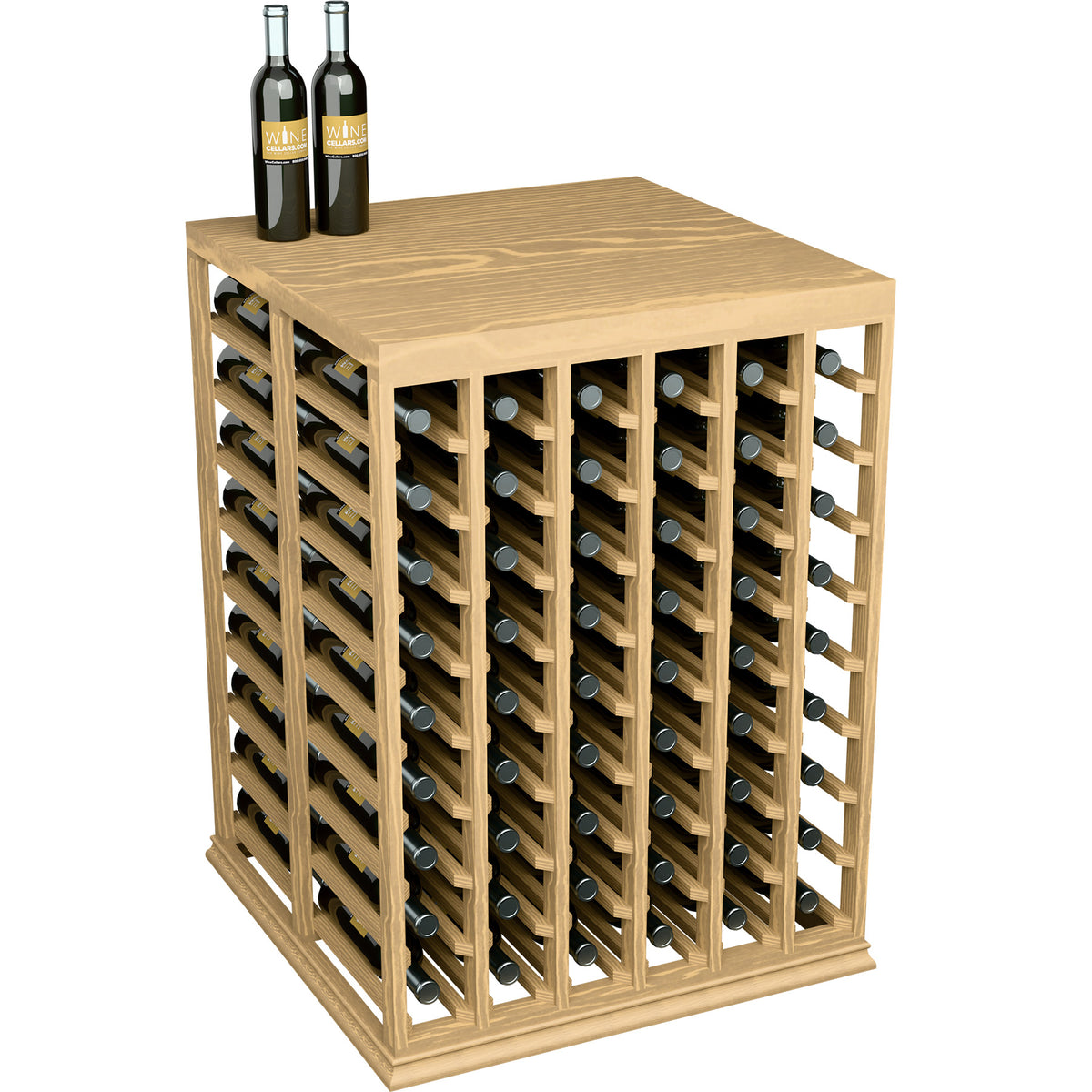 Wine tasting table with solid top, half-height, natural wood with bottle storage compartments