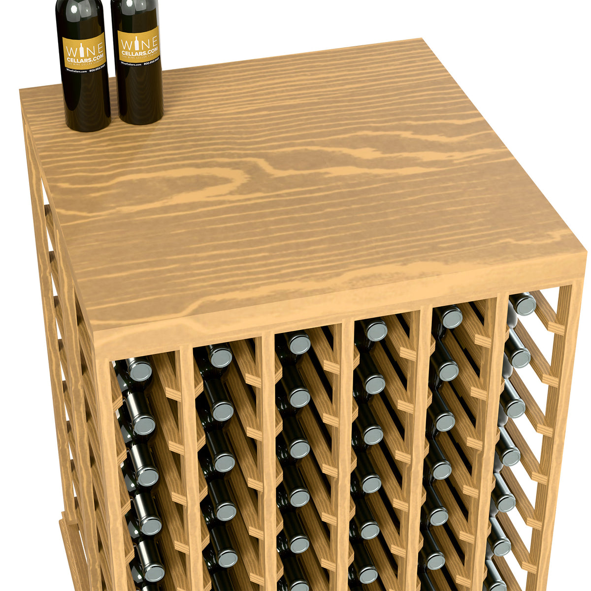Natural wood double wine tasting table with solid top and half-height bottle racks