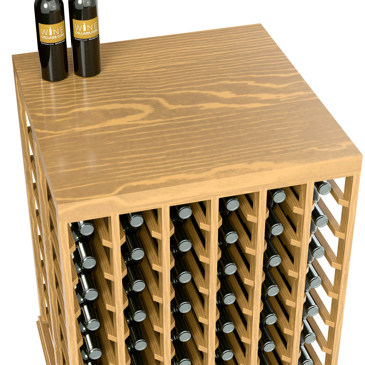 Natural wood double wine tasting table, solid top with half-height front bottle slots