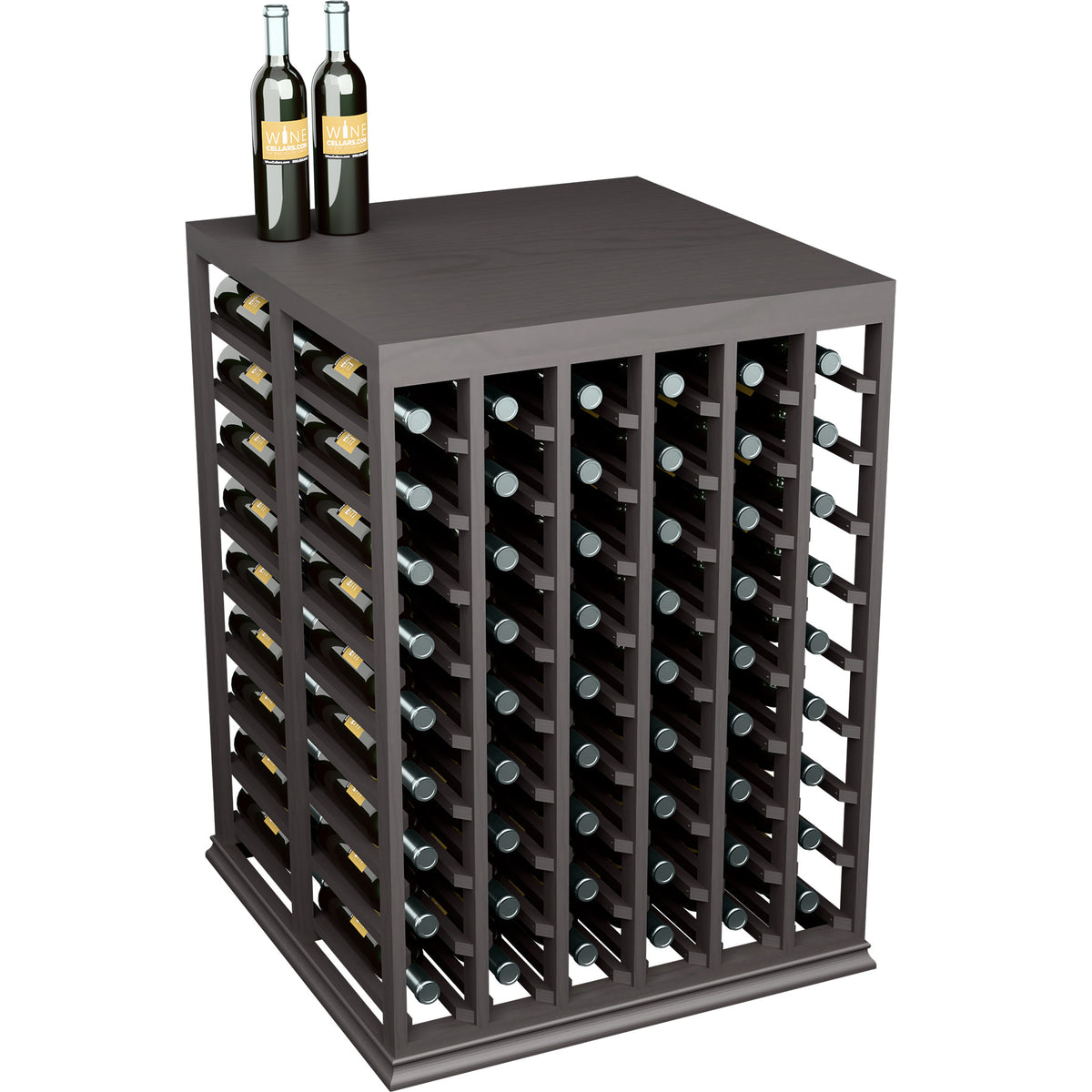 Black double wine tasting table with solid top and half-height bottle racks