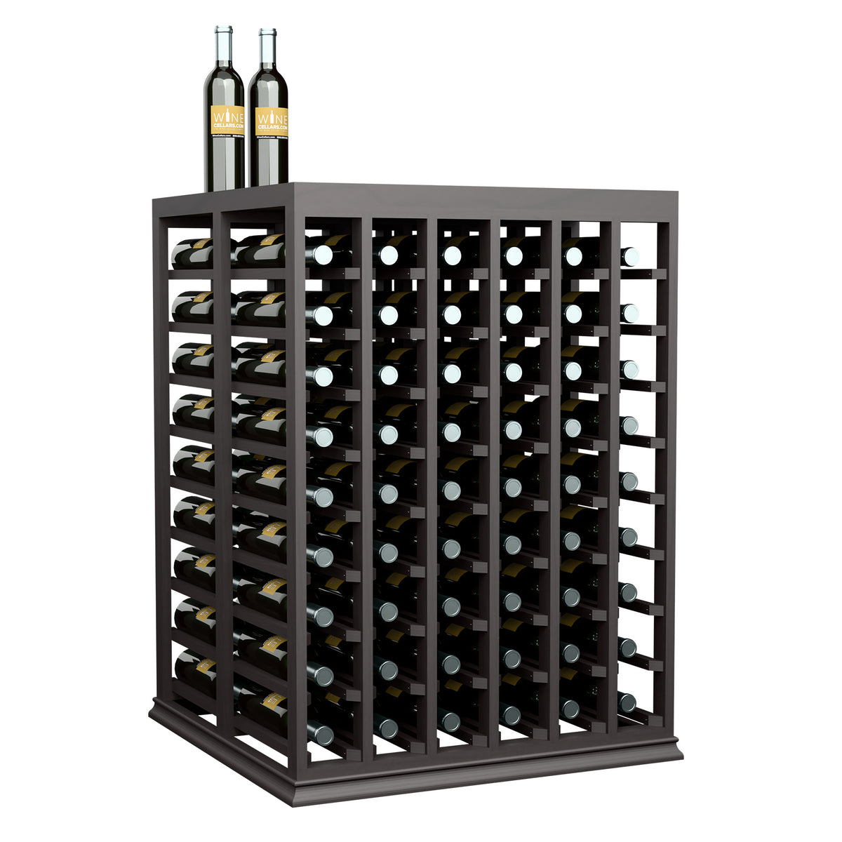 Black half-height double wine tasting table with open-frame bottle slots and solid top