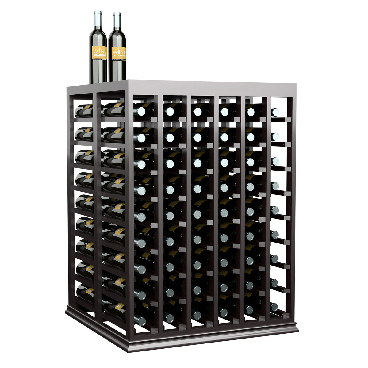 Whitewashed double wine tasting table with solid top and half-height bottle racks