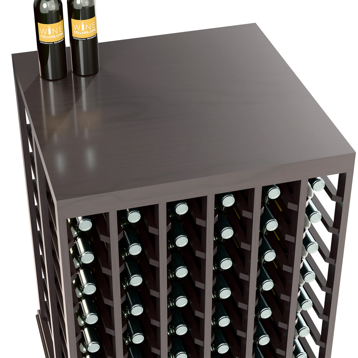 Whitewashed double wine tasting table with solid top and front bottle slots, half-height