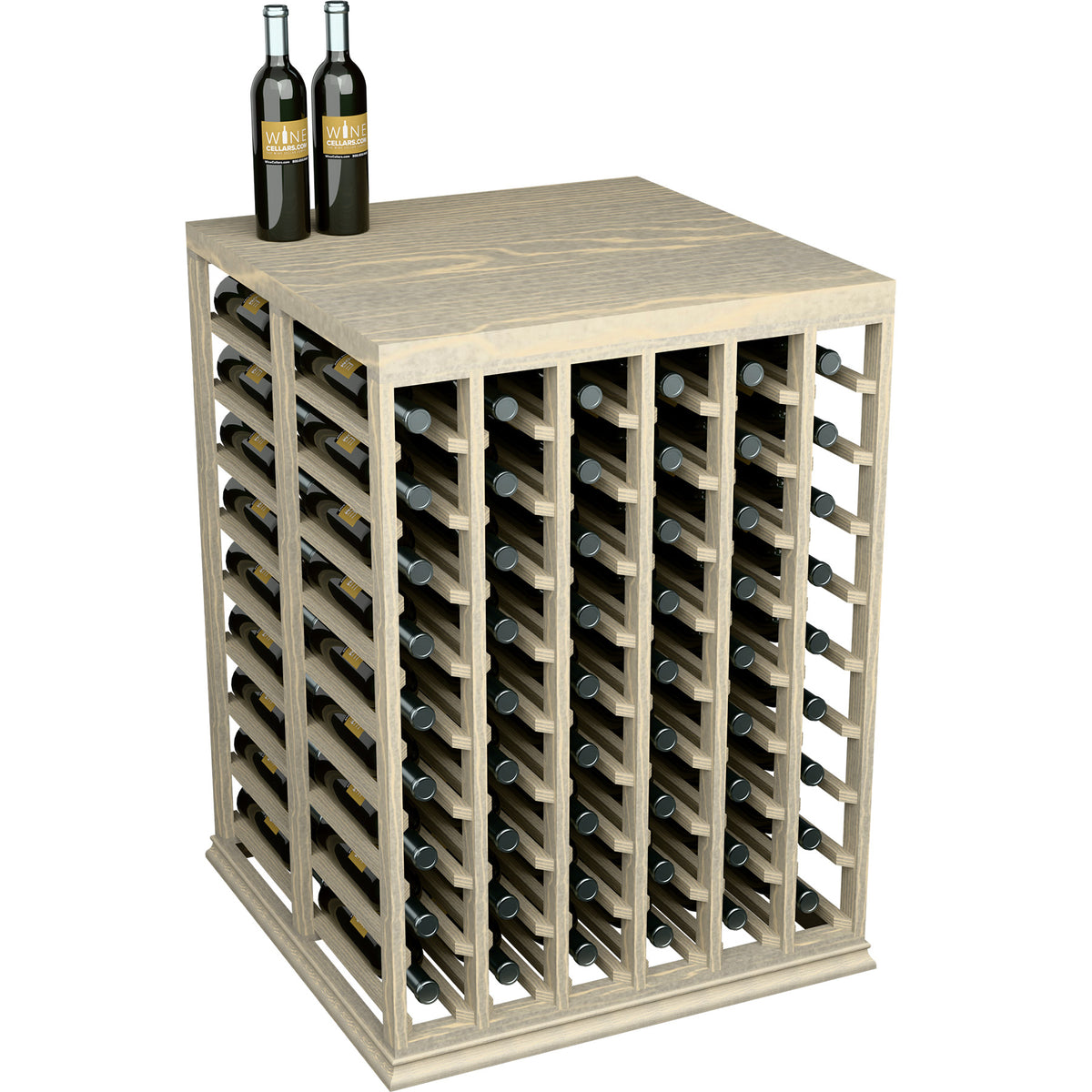 Half-height wine tasting table with solid top and front bottle storage rack
