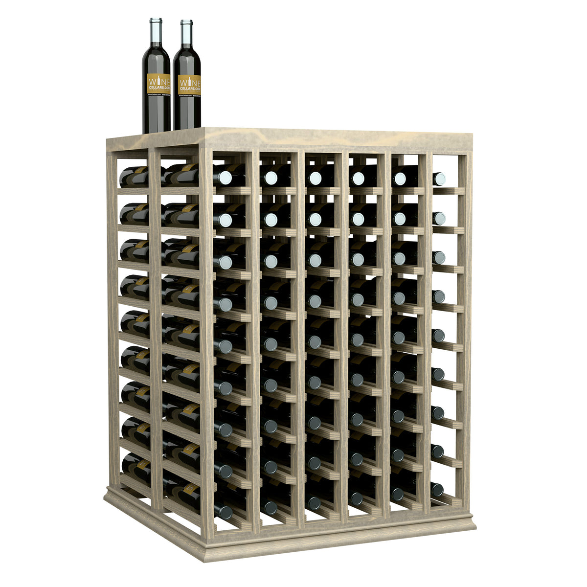 Half-height wine tasting table with solid top and front-facing wine bottle slots