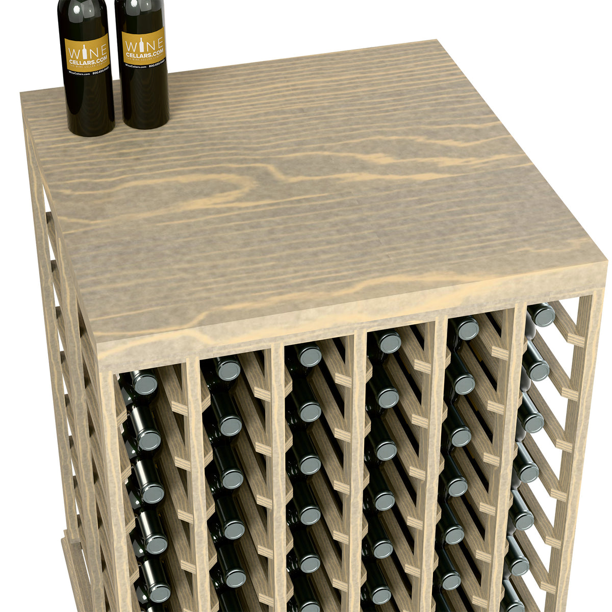 Half-height wine tasting table top with open bottle rack and gray cap bottle holders